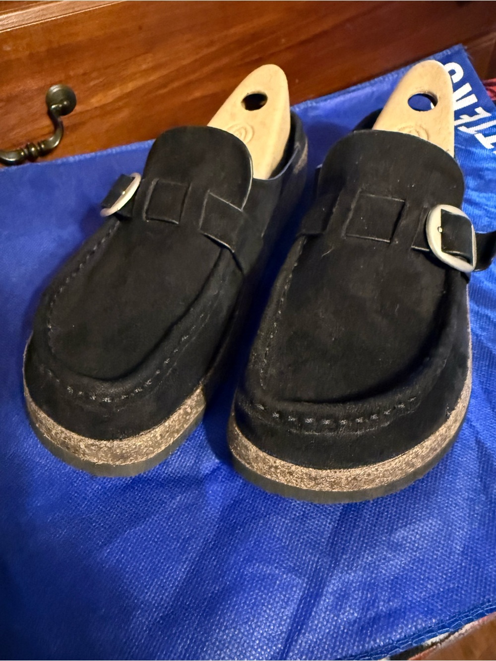 Madden Girl Black Suede Buckle Mules.